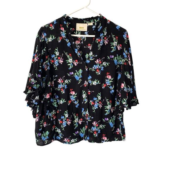 Maeve Anthropologie Aveiro Flutter Sleeve Floral Black Women's Top Blouse Large - Picture 4 of 10